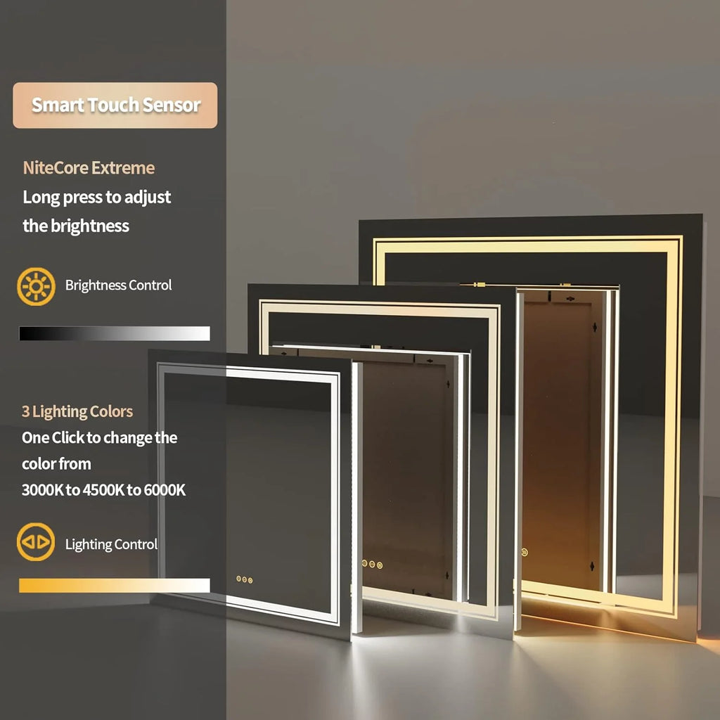 LUVODI Kwadratowe lustro łazienkowe LED: 80x80 cm, lustro łazienkowe ścienne z podświetleniem LED, bezramowe, z podwójnym źródłem światła LED, inteligentnym włącznikiem dotykowym, bez zaparowania, do makijażu, do łazienki, nad umywalkę