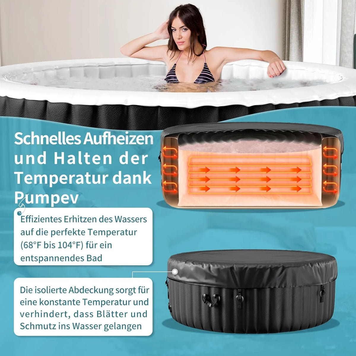 Dmuchane jacuzzi dla 4 osób, 2400 W do użytku wewnątrz/na zewnątrz, zimowy basen spa ze 120 dyszami powietrznymi, zabezpieczenie przed mrozem, 799 litrów, szczelne, energooszczędne