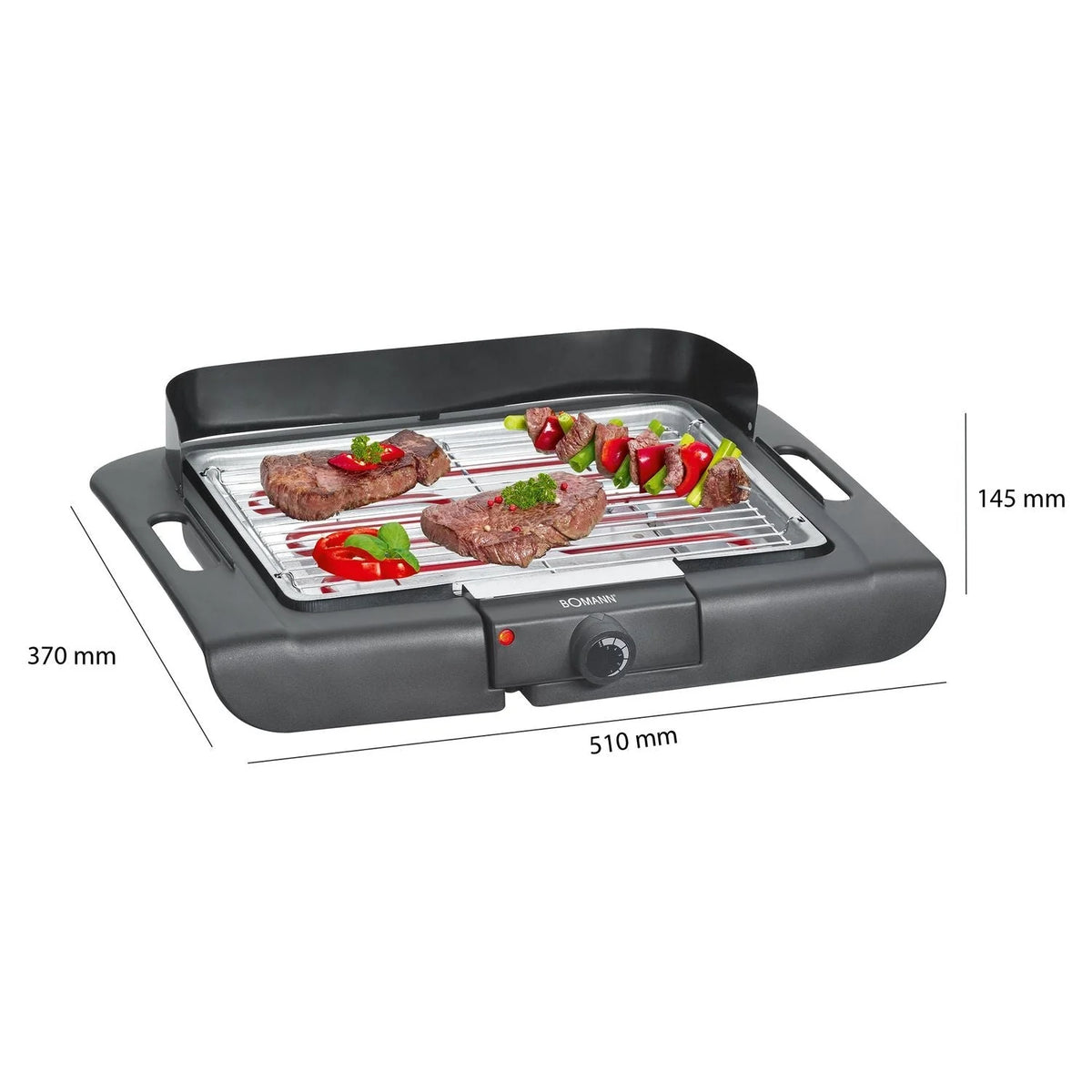 Grill elektryczny, chromowany ruszt 36 x 25 cm, termostat, osłona przeciwwiatrowa, tacka ociekowa, czarny, 2000 W Bomann BQ 2243 CB