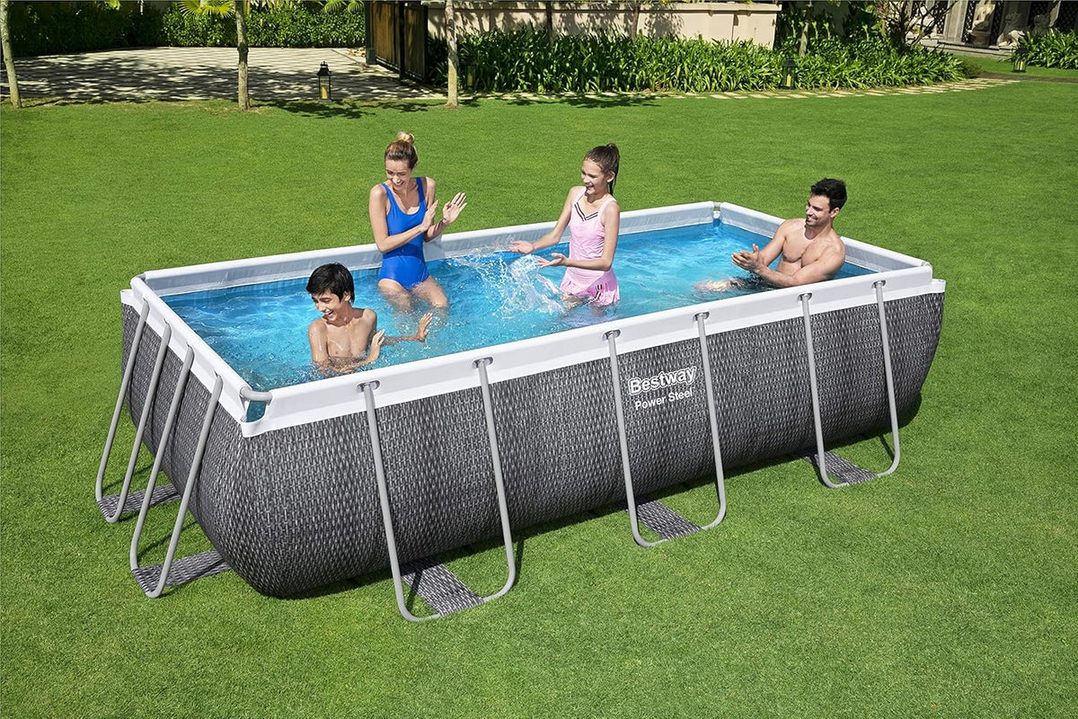 Bestway 56721 - Basen stelażowy Power Steel z wzorem rattanu 404x201x100 cm, pompa kartuszowa 2006 l/h, z drabinką