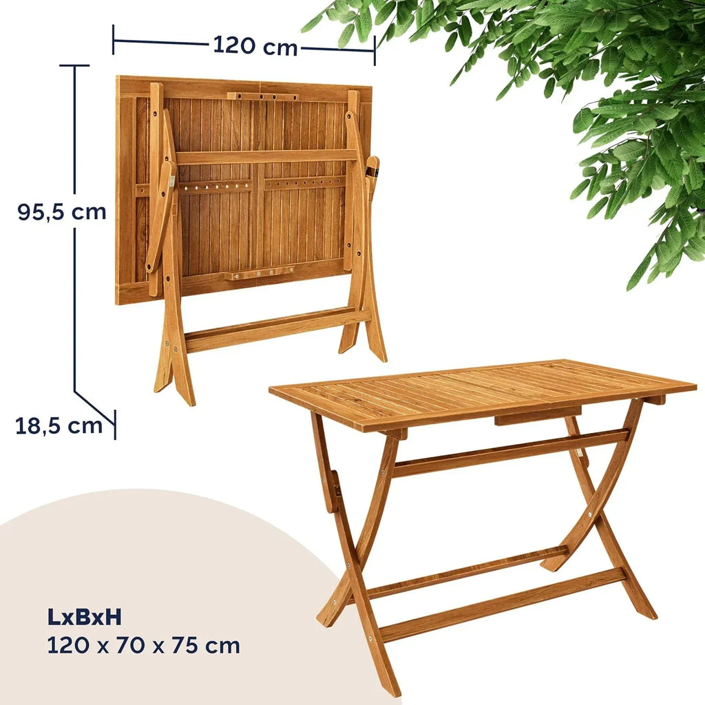 CASARIA® FSC® Zestaw Ogrodowy Stół 4 Krzesła Drewno Akacjowe Jadalnia Patio Taras Balkon Zestaw 5-częściowy Składany Stół Siedziska Podłokietniki Trwały Odporny na Warunki Atmosferyczne 120 x 70 cm