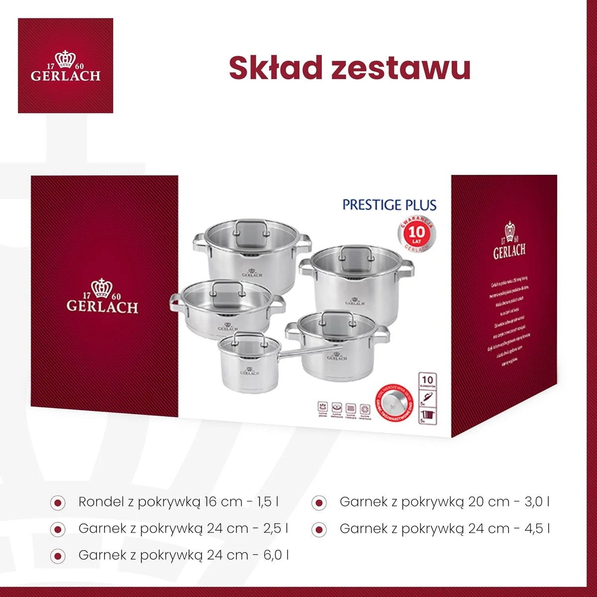 Gerlach Prestige Plus Zestaw Garnków, Srebrny, 10 El.
