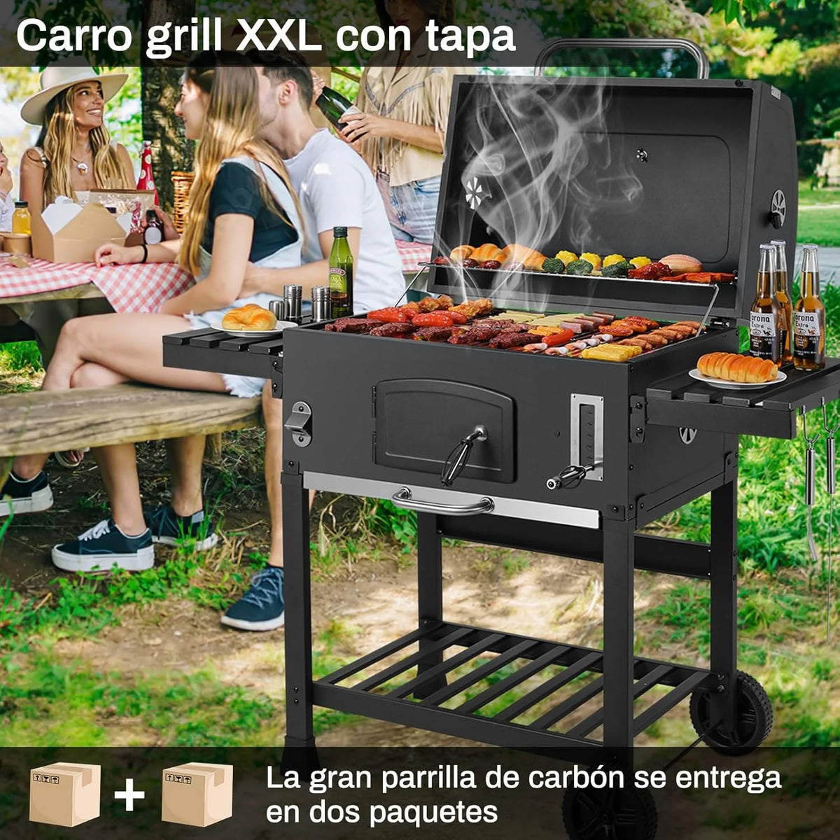 Grill Węglowy XXL, Grill Węglowy z Kominem i Pokrywą, Grill Wózkowy BBQ Smoker z Kółkami i Termometrem, Duży Grill Węglowy do Biwakowania i Ogrodu