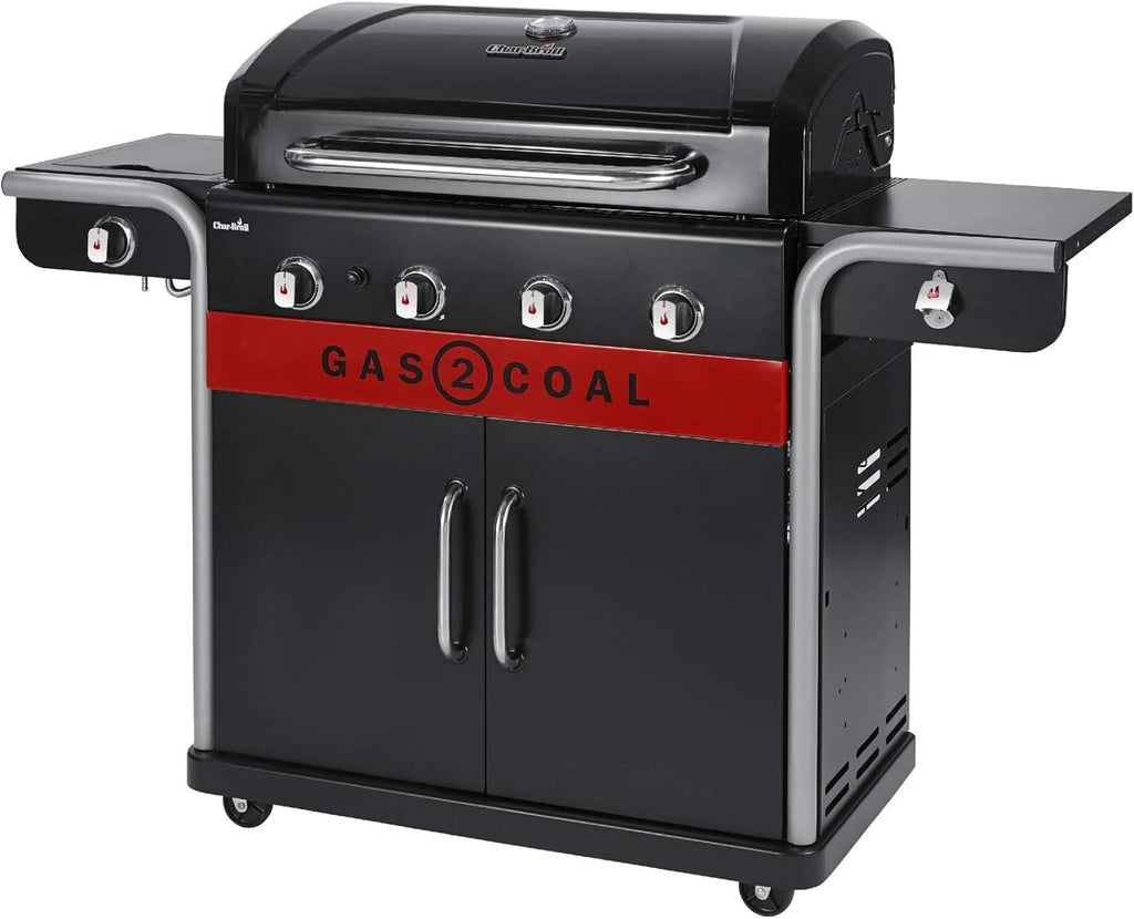 Char-Broil Grill Gazowy Gas2Coal 2.0 440 - 4-palnikowy grill hybrydowy z 2 opatentowanymi tackami na węgiel, 2 dużymi drzwiami - Idealny do gotowania na zewnątrz, do ogrodu i na patio