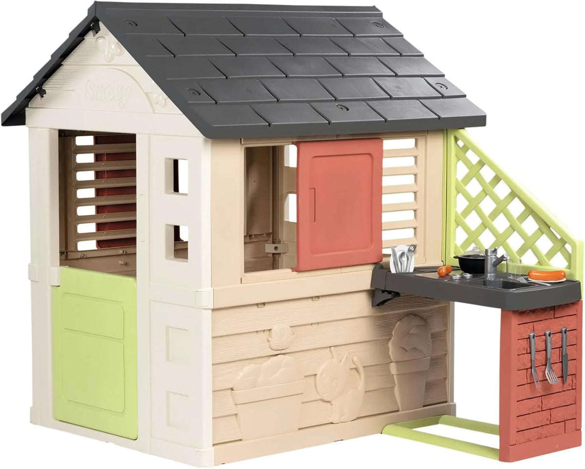 Smoby Life Casa Nature z kuchnią - Domek dla dzieci do użytku wewnątrz i na zewnątrz - Odporny na promieniowanie UV materiał z recyklingu - Od 2 lat - W zestawie kuchnia i akcesoria - (7600810739)