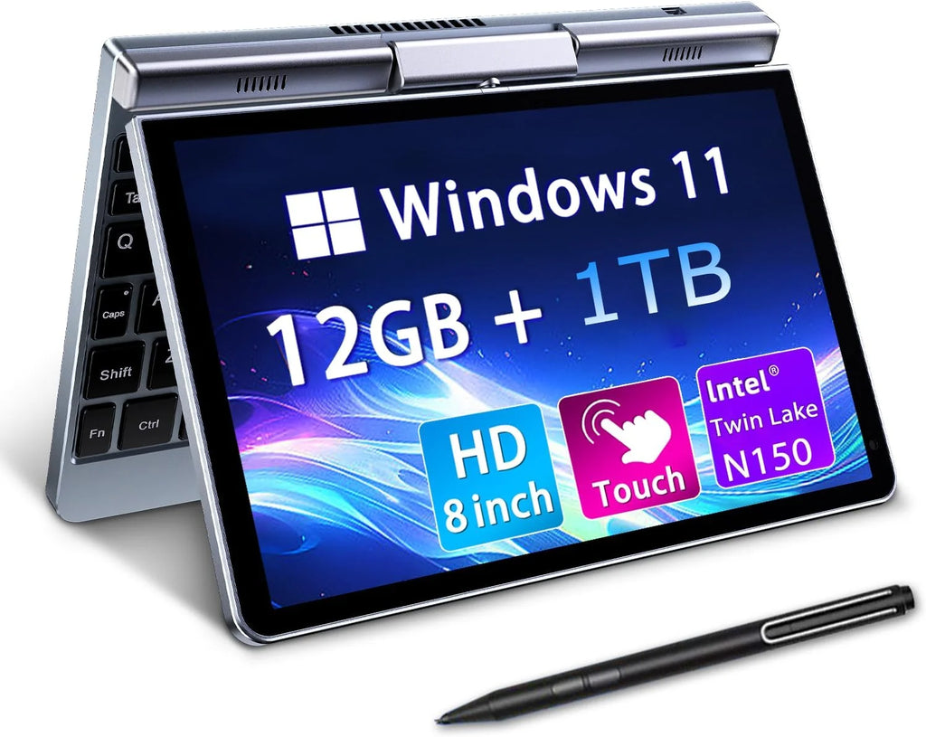Mini Laptop 8" 2 w 1, Laptop z Win 11, N150 (do 3.6 GHz), 12 GB RAM 1 TB SSD, Ekran Dotykowy HD, Podświetlana Klawiatura, Wi-Fi 6, USB-C, Lekki i Przenośny Komputer dla