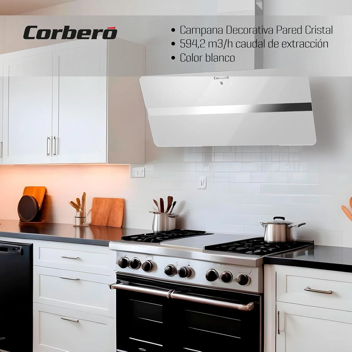 Corberó - Okap Kuchenny 90 cm | VICTORIA960W | 594,2 m3/h| 67db| 165W, |3 prędkości, | Sterowanie dotykowe |Szkło hartowane | Filtr aluminiowy + filtr węglowy | Białe szkło