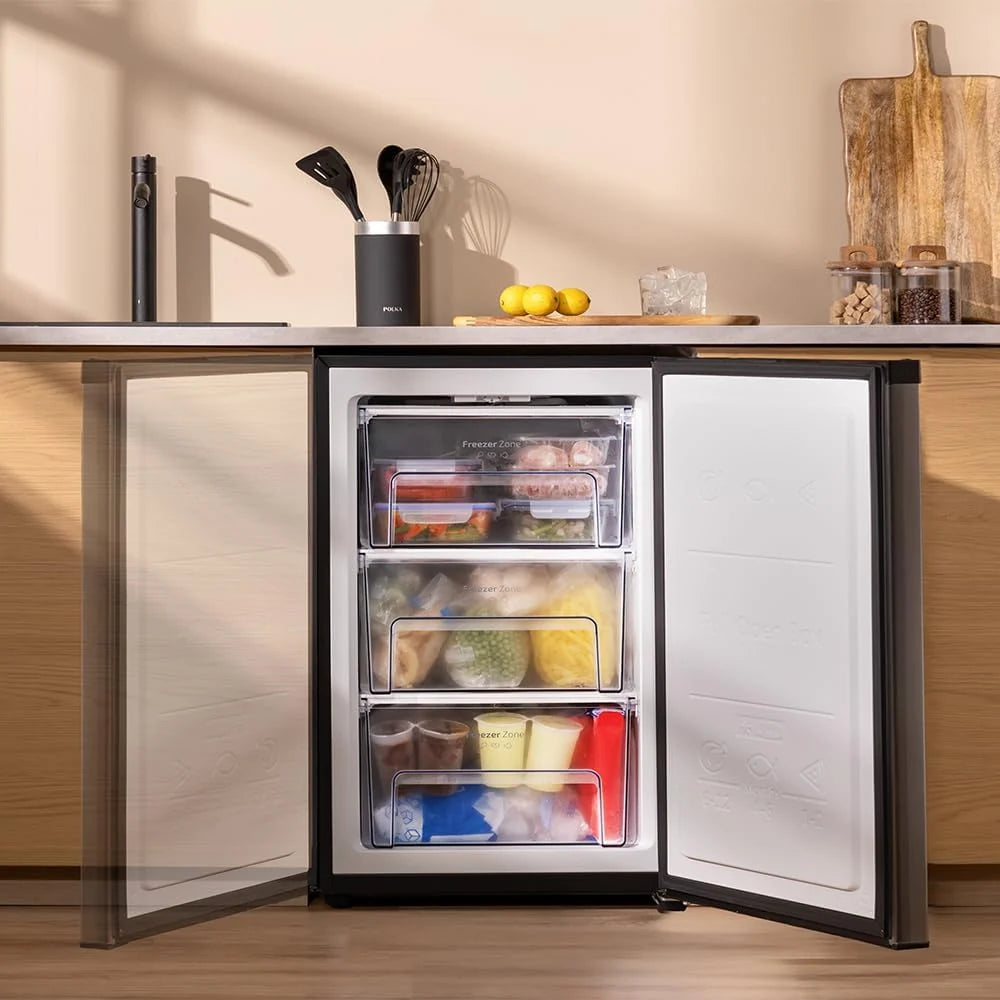 Cecotec Zamrażarka Pionowa Nablatowa 97 L Bolero CoolMarket TF 97 Inox, Klasa Energetyczna E, Kompaktowa konstrukcja, Drzwi odwracalne, 3 Szuflady, Wymiary 55,1 x 57,5 x 83,5 cm, Kolor Inox
