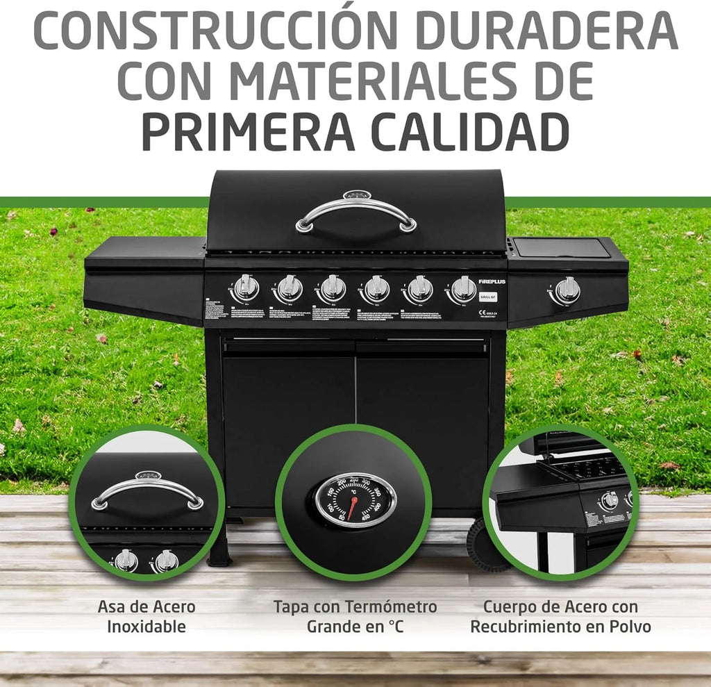 Amig - Grill gazowy Fireplus 6+1 o mocy 12,9 kW - Czarna stal nierdzewna - Ruszt na kółkach Model GRILL-6F - Grill XXL z wózkiem i termometrem - 138x52x103 cm - 7 palników i boczna półka