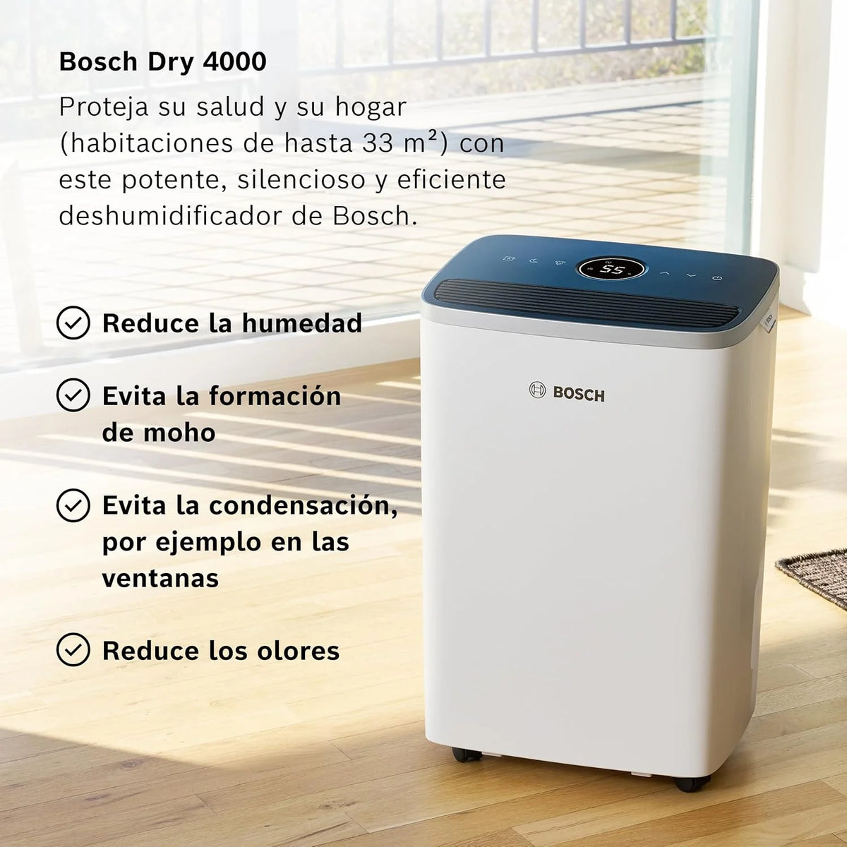 Osuszacz Bosch Dry 4000 - Łatwy. Wydajny. Cichy. Do domu i sypialni - Do pomieszczeń o powierzchni do 33 m² - Szybkie suszenie prania