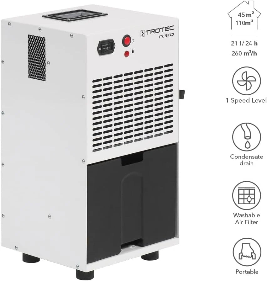 TROTEC Osuszacz powietrza przemysłowy TTK 75 ECO, osuszacz budowlany, osuszanie pomieszczeń o powierzchni do 90 m² i kubaturze 230 m³, wydajność osuszania 21 l/dobę, pojemność zbiornika 4 l, filtr powietrza