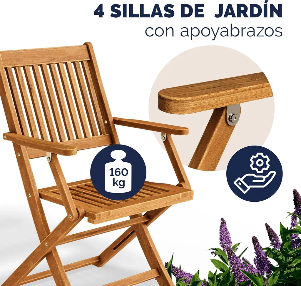 CASARIA® FSC® Zestaw Ogrodowy Stół 4 Krzesła Drewno Akacjowe Jadalnia Patio Taras Balkon Zestaw 5-częściowy Składany Stół Siedziska Podłokietniki Trwały Odporny na Warunki Atmosferyczne 120 x 70 cm