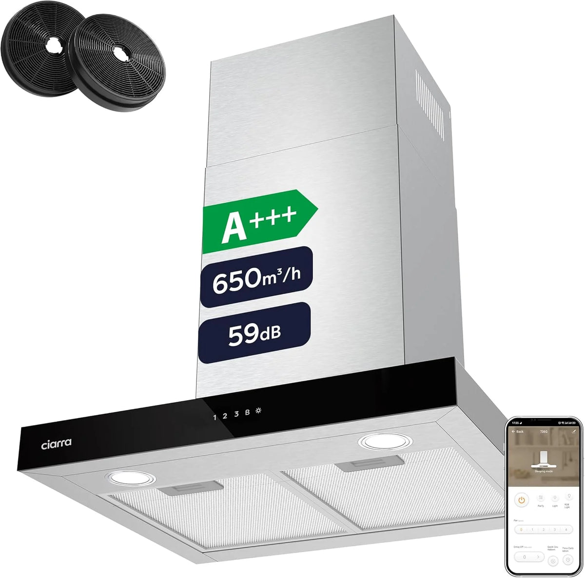 Ciarra CBCS6102 Okap Kuchenny 60cm 650 m³/h - Sterowanie Dotykowe i Wi-Fi - 4 Prędkości - Odsysanie Zewnętrzne i Recyrkulacja Wewnętrzna przez Filtr Węglowy CBCF003 - Stal Nierdzewna