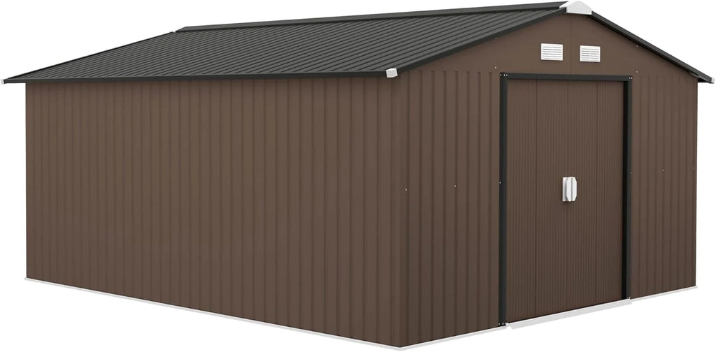 Outsunny Zewnętrzny Domek Ogrodowy, 12,4 m² 340x386x200 cm, Metalowa Szopa Ogrodowa z Dachem z Włókna Szklanego, Drzwiami Przesuwnymi, Wzmocnioną Podstawą (Podłoga NIE W ZESTAWIE) i Oknami Brązowa