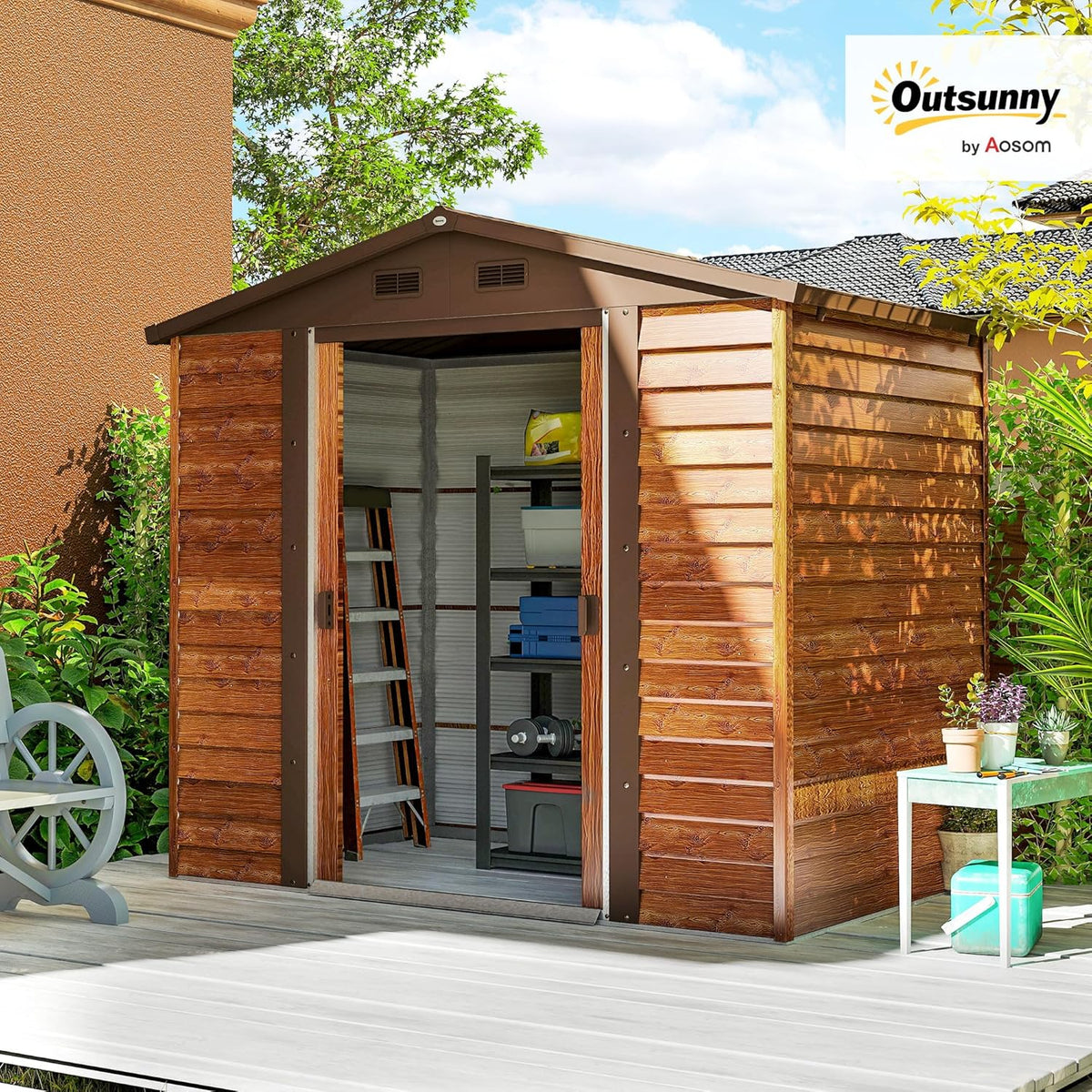 Outsunny Domek Ogrodowy Zewnętrzny 3 m² 235,7x152x208,7 cm Metalowa Szopa Ogrodowa Z 2 Drzwiami Przesuwnymi I 4 Oknami Do Przechowywania Narzędzi Efekt Naturalnego Drewna i Kawy