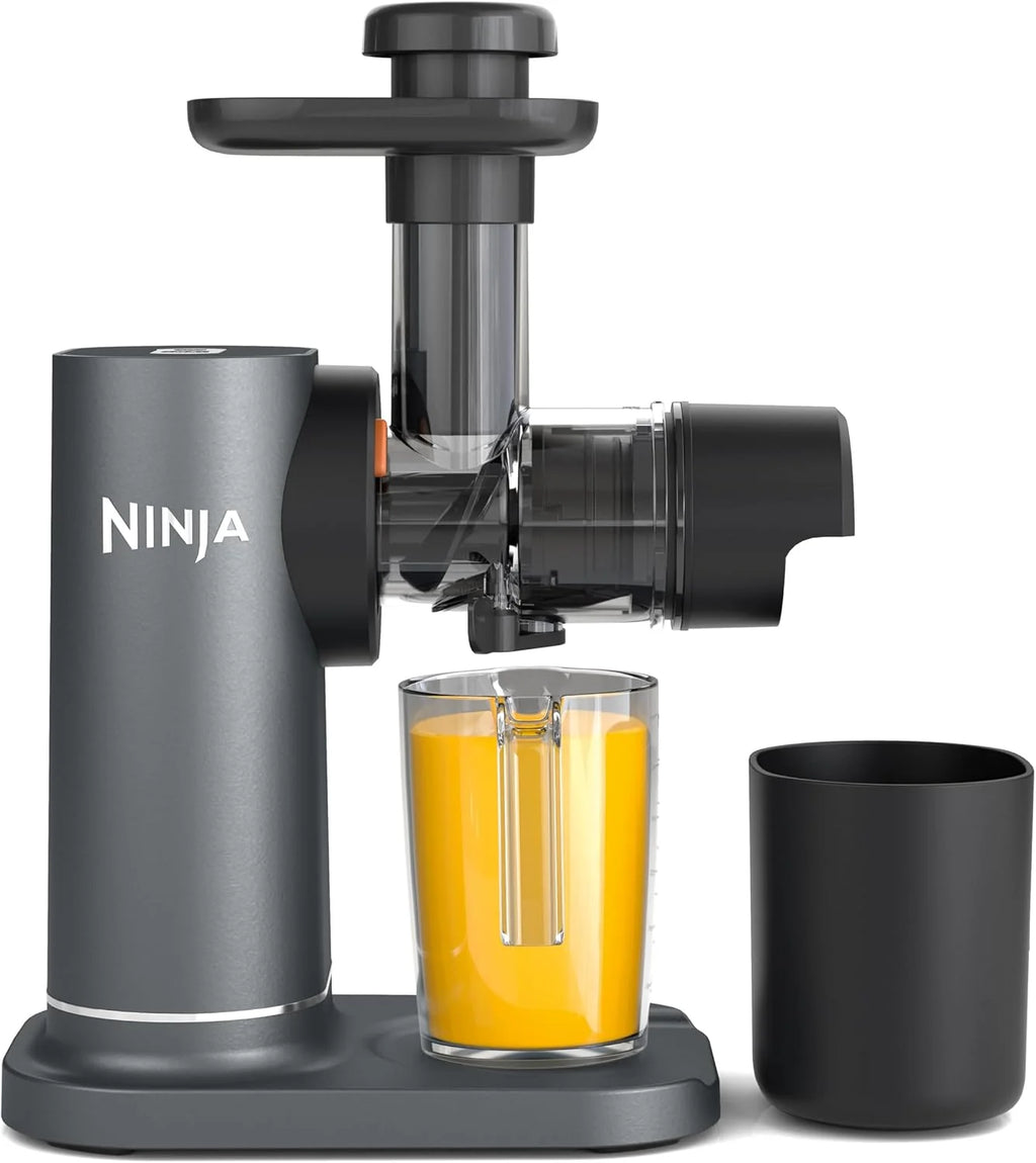 Ninja wyciskarka wolnoobrotowa z dzbankiem na sok 700 ml i pojemnikiem na pulpę 1,1 l do zdrowych soków i napojów, kompaktowa, odłączane części można myć w zmywarce, szara, JC151EU