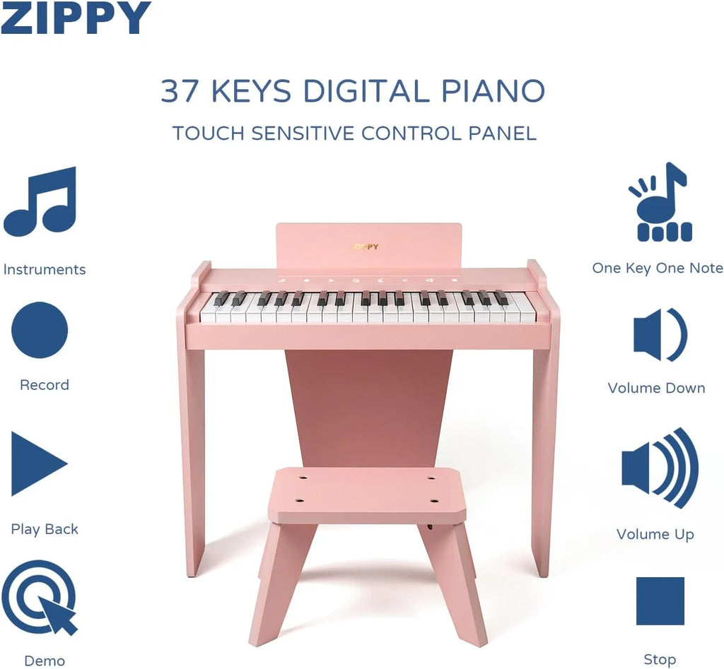 Klawiatura pianina dla dzieci, 37 klawiszy, cyfrowe pianino, zabawka muzyczna do nauki, drewniane pianino dla dzieci w wieku 3+ (różowe Plus)