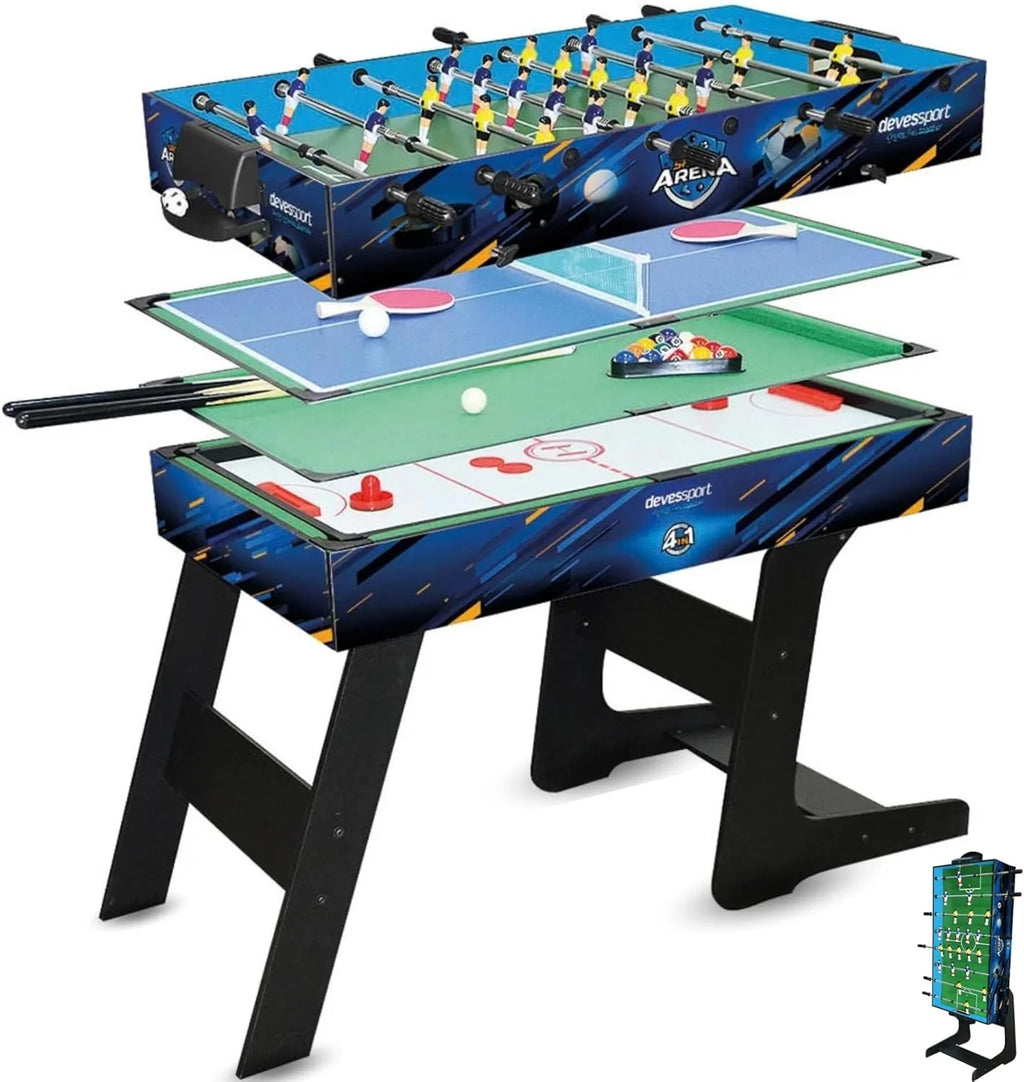 DEVESSPORT Wielofunkcyjny Składany Stół do Gier 4 w 1 Sport Arena | Piłkarzyki, Bilard, Air Hockey i Tenis Stołowy | Składany Stół do Gier z Akcesoriami w Zestawie
