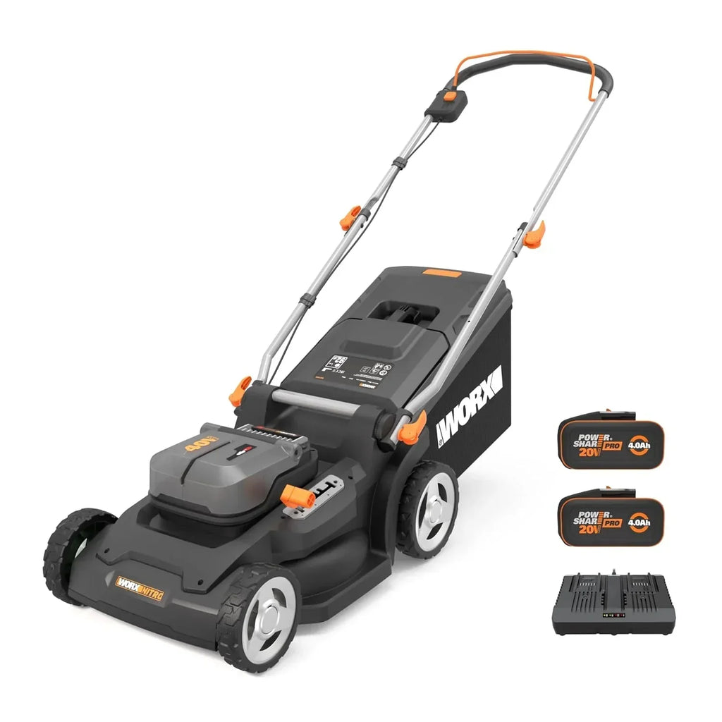 Kosiarka WORX WG737E Nitro z akumulatorem 40 V (2 x 20 V), mocny silnik bezszczotkowy, szerokość koszenia 37 cm, 6-stopniowa regulacja wysokości koszenia (20–70 mm), kosz na trawę 40 l