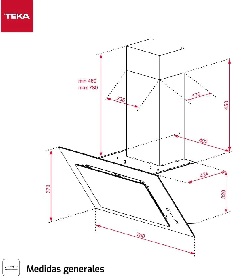TEKA Okap Kominowy 70 cm, Podwójny Silnik EcoPower, Pochłanianie Obwodowe, 3+1 Prędkości Fresh Air, Wydajność 98m3, Hałas 61dB, 2x LED DVT 78660 TBS