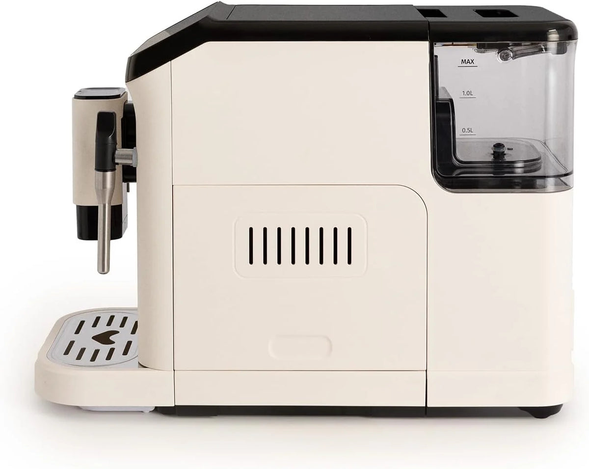 CREATE / THERA MATIC TOUCH / Ekspres automatyczny w kolorze złamanej bieli / 20 barów, zbiornik 1,5 l, pojemnik na ziarna kawy 180 g, dysza spieniająca, dotykowy panel sterowania, funkcja automatycznego czyszczenia, 1350 W