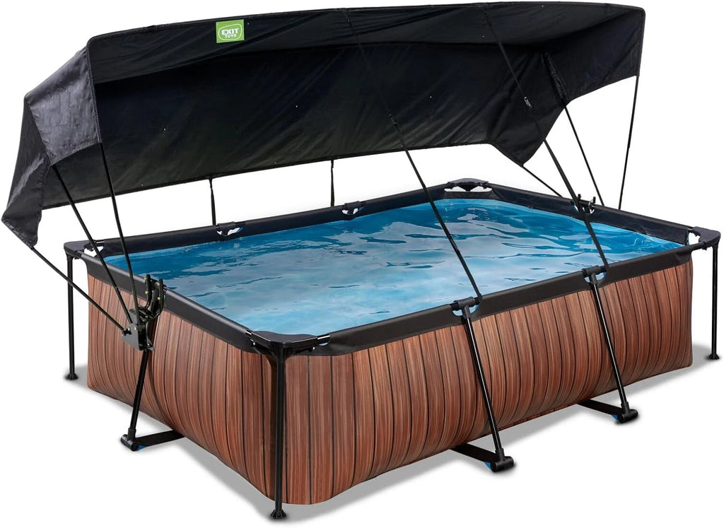 EXIT Toys Basen Drewniany z Daszkiem Przeciwsłonecznym - 220x150x65cm - Kompaktowy Basen Stelażowy Prostokątny z Pompą Kartuszową - Optymalna Ochrona UV - Łatwy Dostęp - Unikalny Design - Brązowy