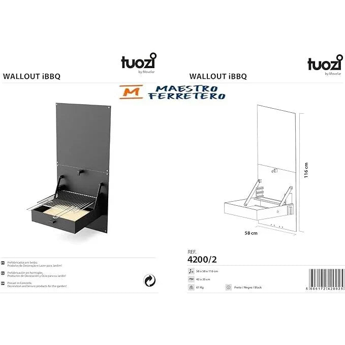 Tuozi - Grill Murowany Na Drewno I Węgiel Model Wall Ibbq Z Płytą Ochronną (czarny - 58,5 X 57 X 114 Cm) Nr Kat.: 4200/2