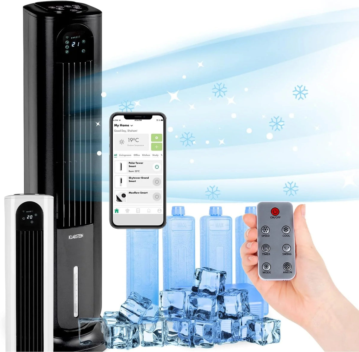 KLARSTEIN Polar Tower Smart Klimator Ewaporacyjny – Urządzenie 4 w 1: Wentylator, Nawilżacz i Oczyszczacz Powietrza, Sterowanie przez Aplikację i Alexa, Zbiornik 7L, 3306 m³/h, Tryb Nocny, Przenośny z Kółkami, Czarny