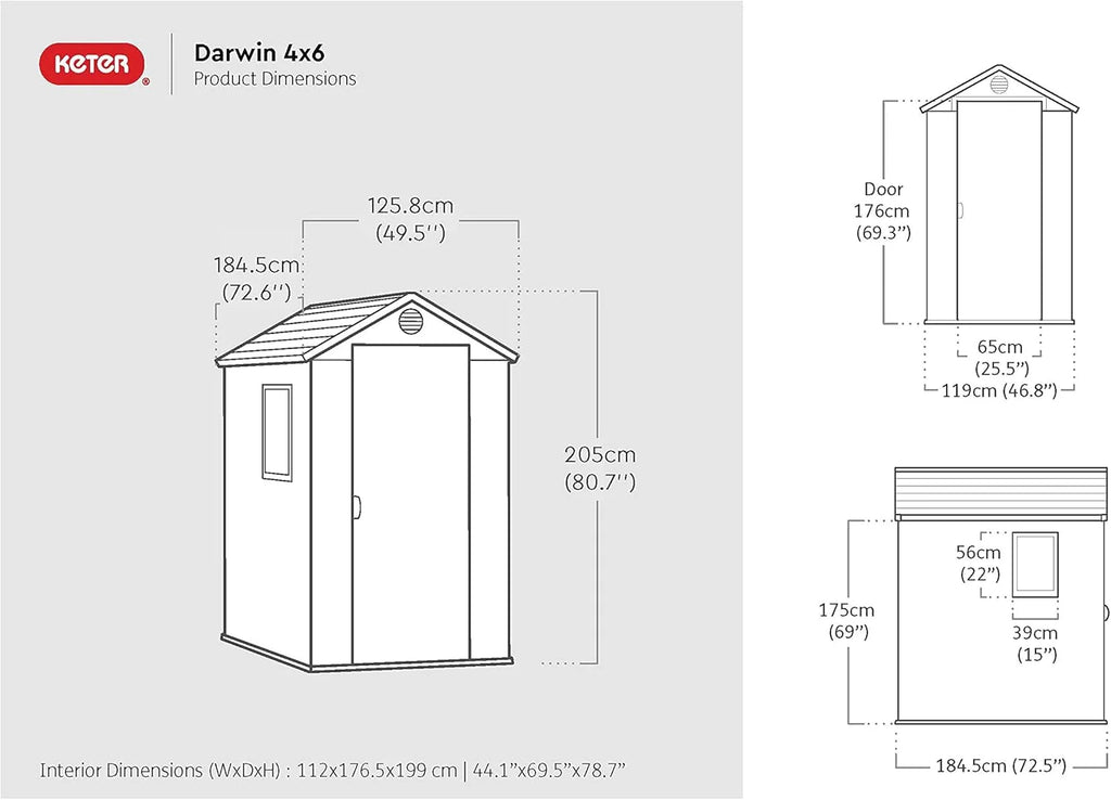 KETER Darwin 4x6 Domek narzędziowy, 125.8 x 184.5 x 205 cm i 2.2 m2, Podłoga, System wentylacji, Drzwi i okno, Wodoodporny, Kolor szary