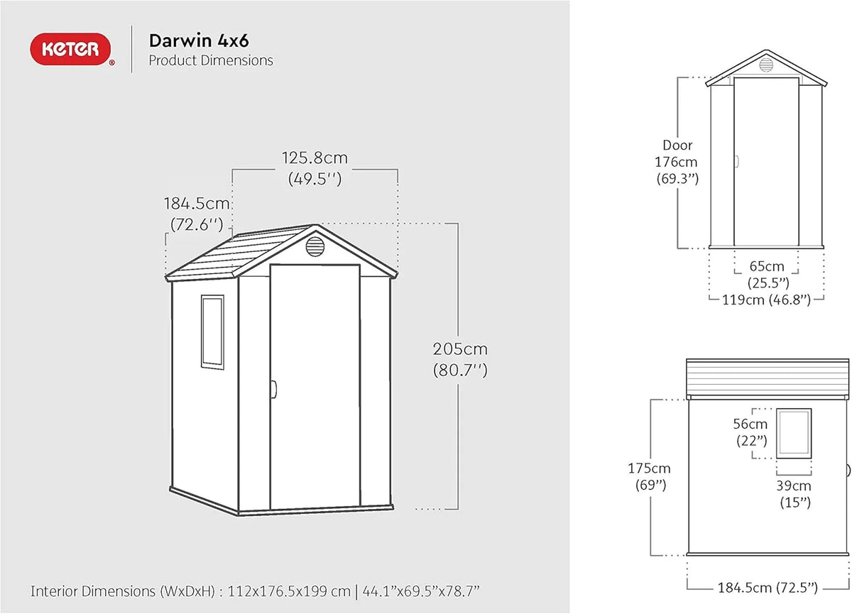 KETER Darwin 4x6 Domek narzędziowy, 125.8 x 184.5 x 205 cm i 2.2 m2, Podłoga, System wentylacji, Drzwi i okno, Wodoodporny, Kolor szary