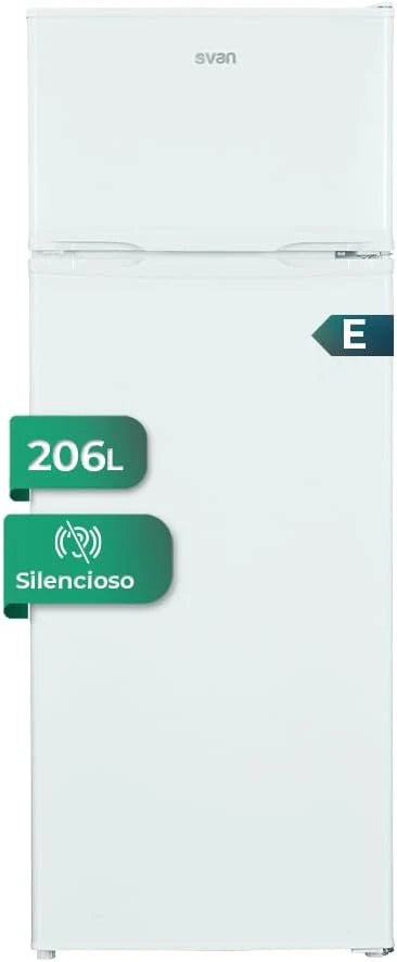 SVAN Lodówka 2-drzwiowa Biała SF145501E. Pojemność 206 litrów, drzwi odwracalne, niski poziom hałasu, klasa efektywności energetycznej E