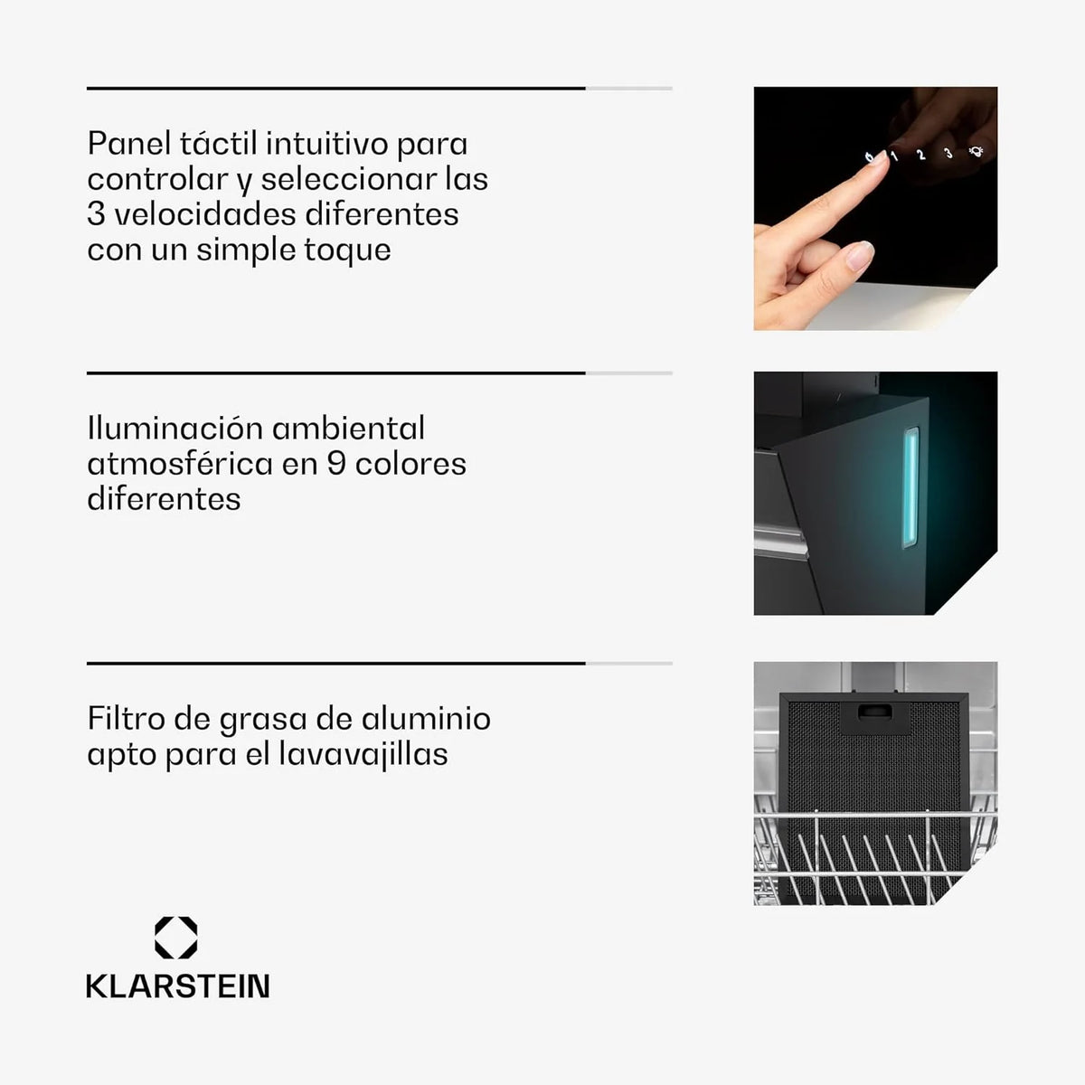 KLARSTEIN Alina Okap Kuchenny - 570 m³/h, Klasa A, LED, 54 dB, Recyrkulacja i Wyciąg, Ozdobny Okap, Sterowanie Dotykowe, Szerokość 39,8 cm, Czarny