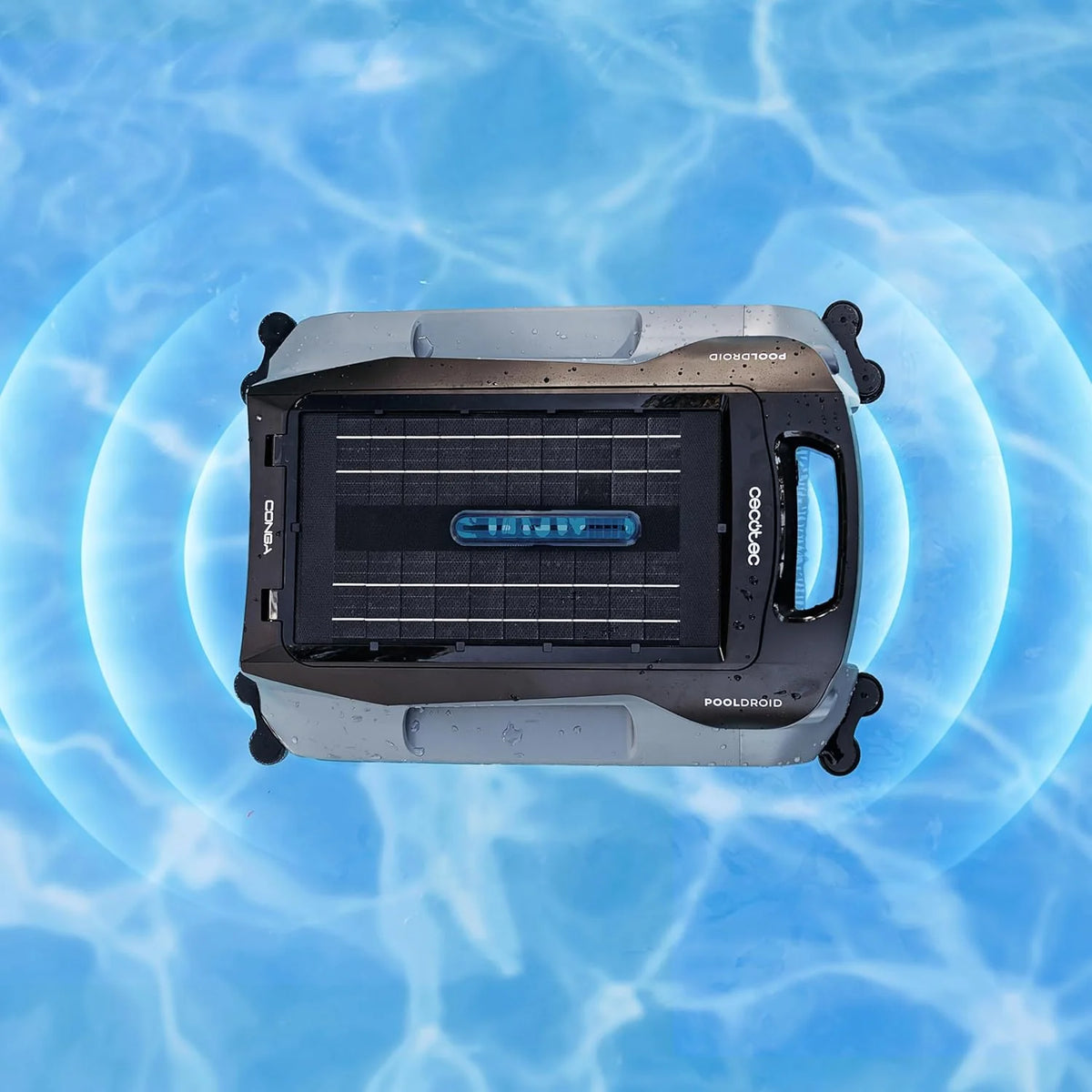 Robot do czyszczenia basenów Cecotec do powierzchni i linii wodnej Conga Pooldroid AquaSkater. Ładowanie słoneczne, 16h pracy, kosz 4,5L i filtr 187,5μm, nawigacja ultradźwiękowa
