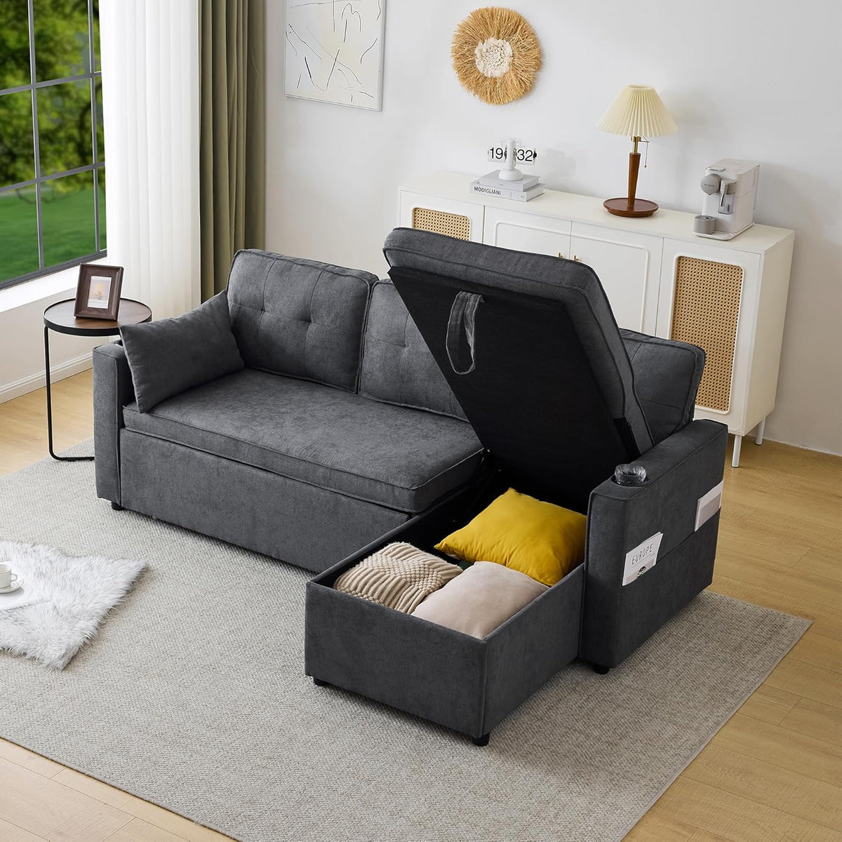 Trzyosobowa rozkładana sofa z uchwytami na kubki i boczną torbą na poręcz, sofa w kształcie litery L, z możliwością zmiany układu na prawą i lewą stronę, kolor szary