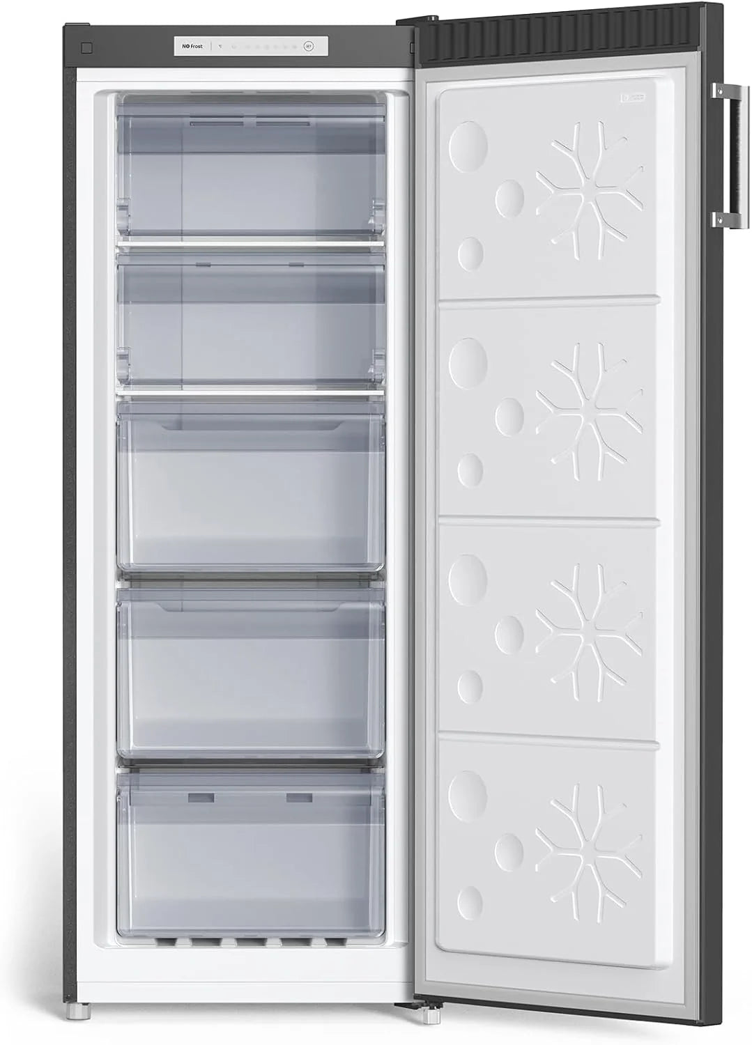 CHiQ Pionowa zamrażarka No Frost 166L, FSD166NE4E, szuflady XL, elektroniczna kontrola temperatury, odwracalne drzwi, cicha, pojemnik na lód, kolor czarny inox, klasa energetyczna E