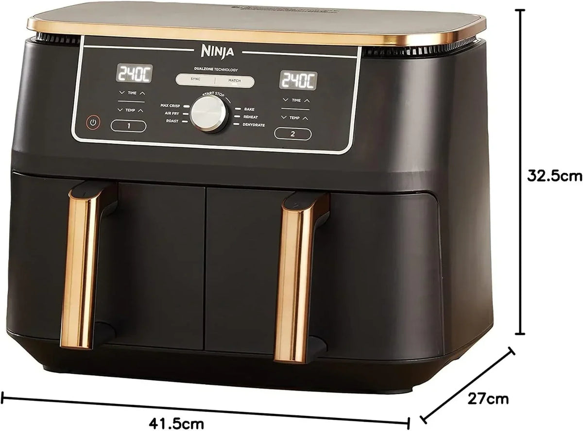 Frytkownica powietrzna Ninja Foodi MAX z podwójną komorą, 9,6 l, 6 w 1, bez oleju, Max Crisp, pieczenie, smażenie i inne, szczypce, 8 porcji, nieprzywierające kosze, miedź i czerń, AF400EUCP