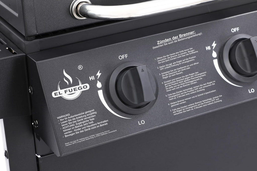Grill gazowy El Fuego® „San Jose 2 palniki” z wężem gazowym i reduktorem ciśnienia, ruszt żeliwny, z termometrem i dużymi półkami bocznymi, grill BBQ | AY0204