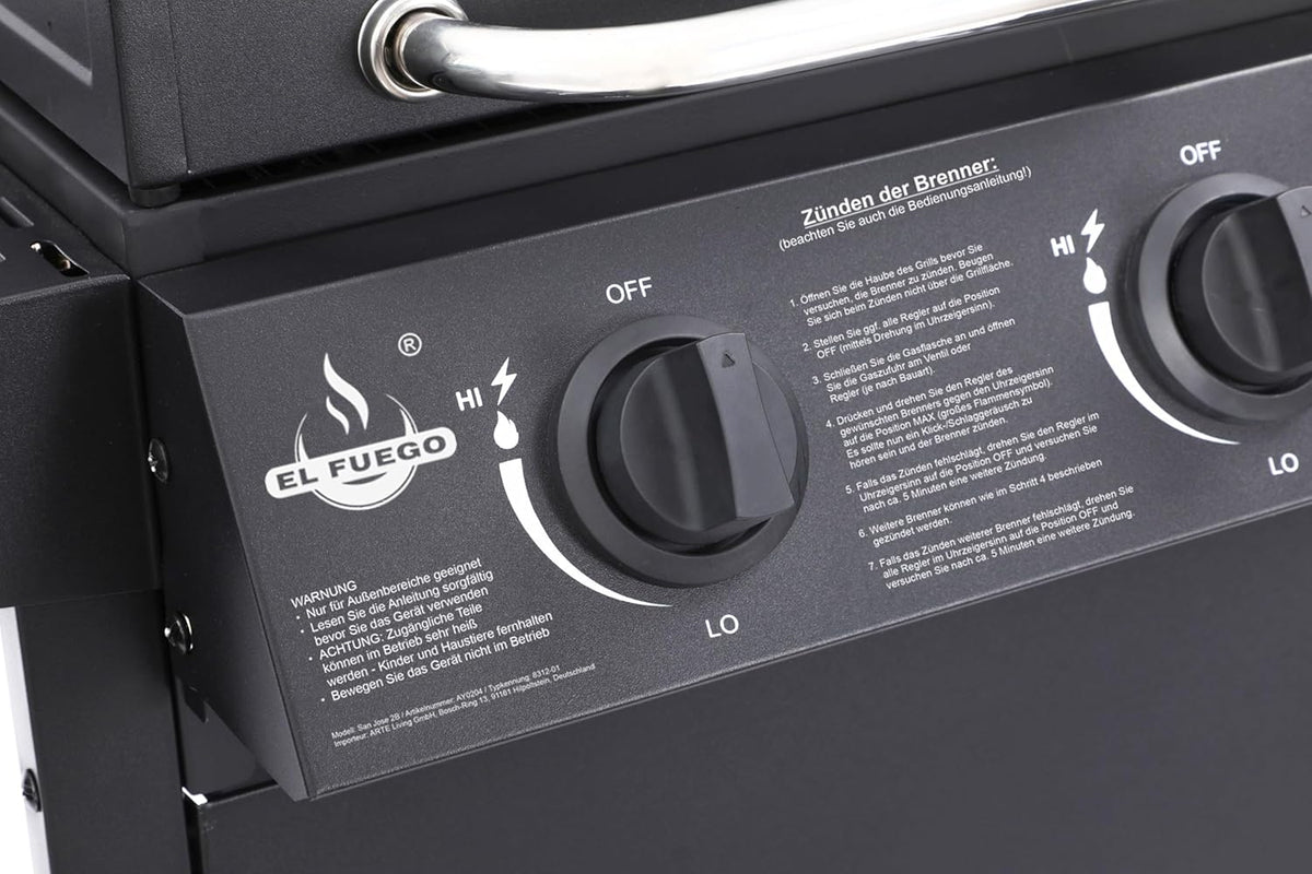 Grill gazowy El Fuego® „San Jose 2 palniki” z wężem gazowym i reduktorem ciśnienia, ruszt żeliwny, z termometrem i dużymi półkami bocznymi, grill BBQ | AY0204