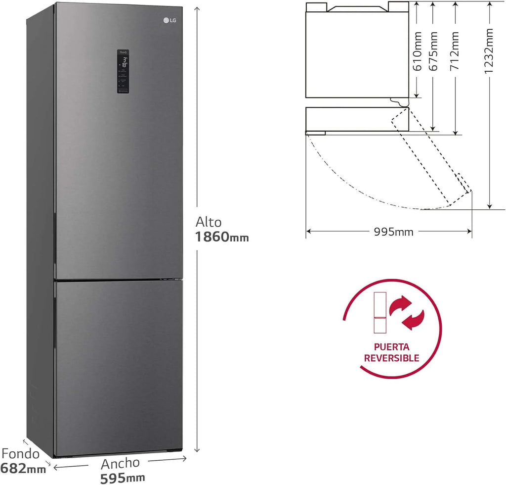 GBP61DSXGC - Lodówka kombi No Frost, zamrażarka, sprężarka Smart Inverter, kolor Inox Antihuellas, 186 cm, 341 l