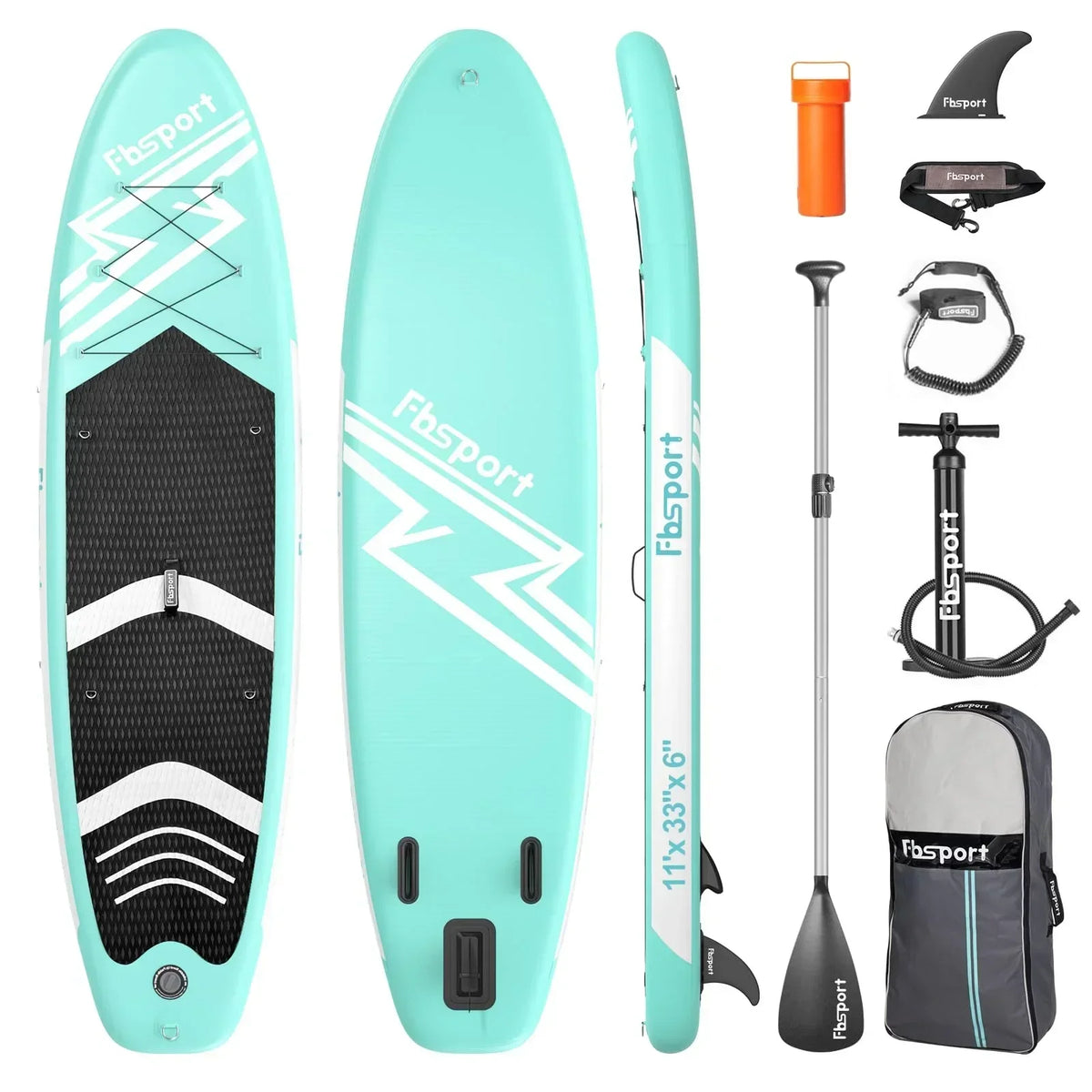 2026 FBSPORT Nadmuchiwana deska SUP, grubość 15 cm, kompletny zestaw z regulowanym aluminiowym wiosłem i pompką (zielona)