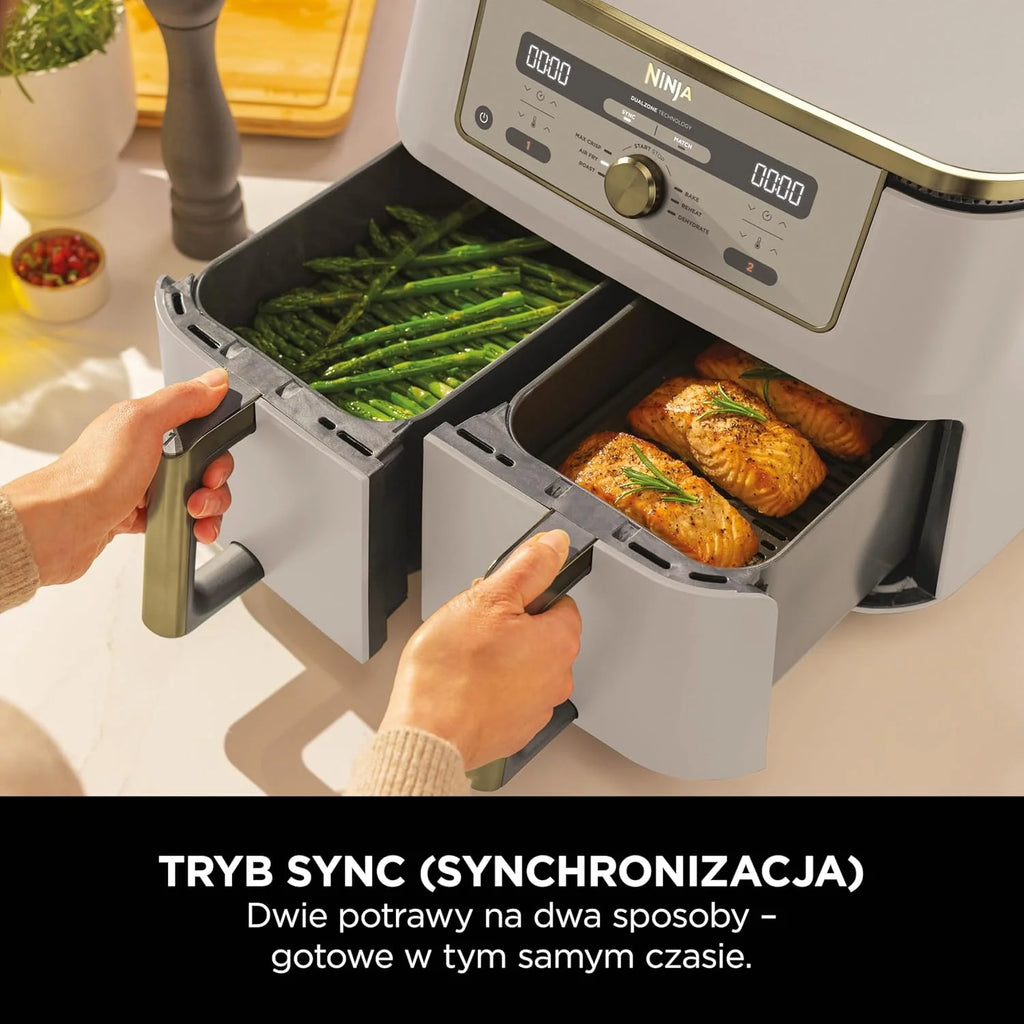 Ninja MAX Dwustrefowa frytownica, 2 szuflady, 9,5 l, zero oleju, Air Fry, Max Crisp, Roast, Bake, Reheat, Dehydrate, nieprzywierające kosze do mycia w zmywarce, Złoty odcień kamienia, DZ400EUSTGD