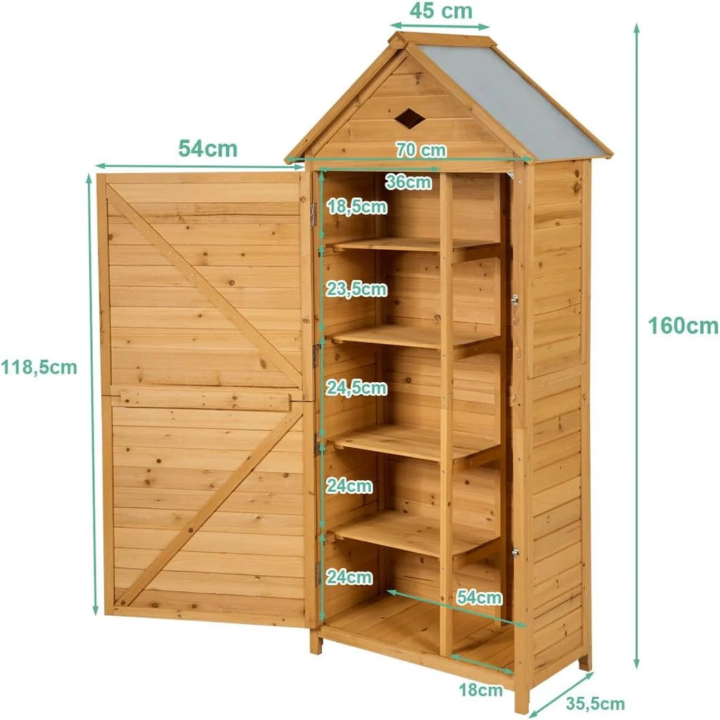 COSTWAY Drewniany Domek Ogrodowy, Szopa Ogrodowa z 5 Półkami i 2 Zamykanymi Drzwiami, Szafa Narzędziowa z Wodoodpornym Dachem do Ogrodu, na Balkon, Taras (70x45x160cm)