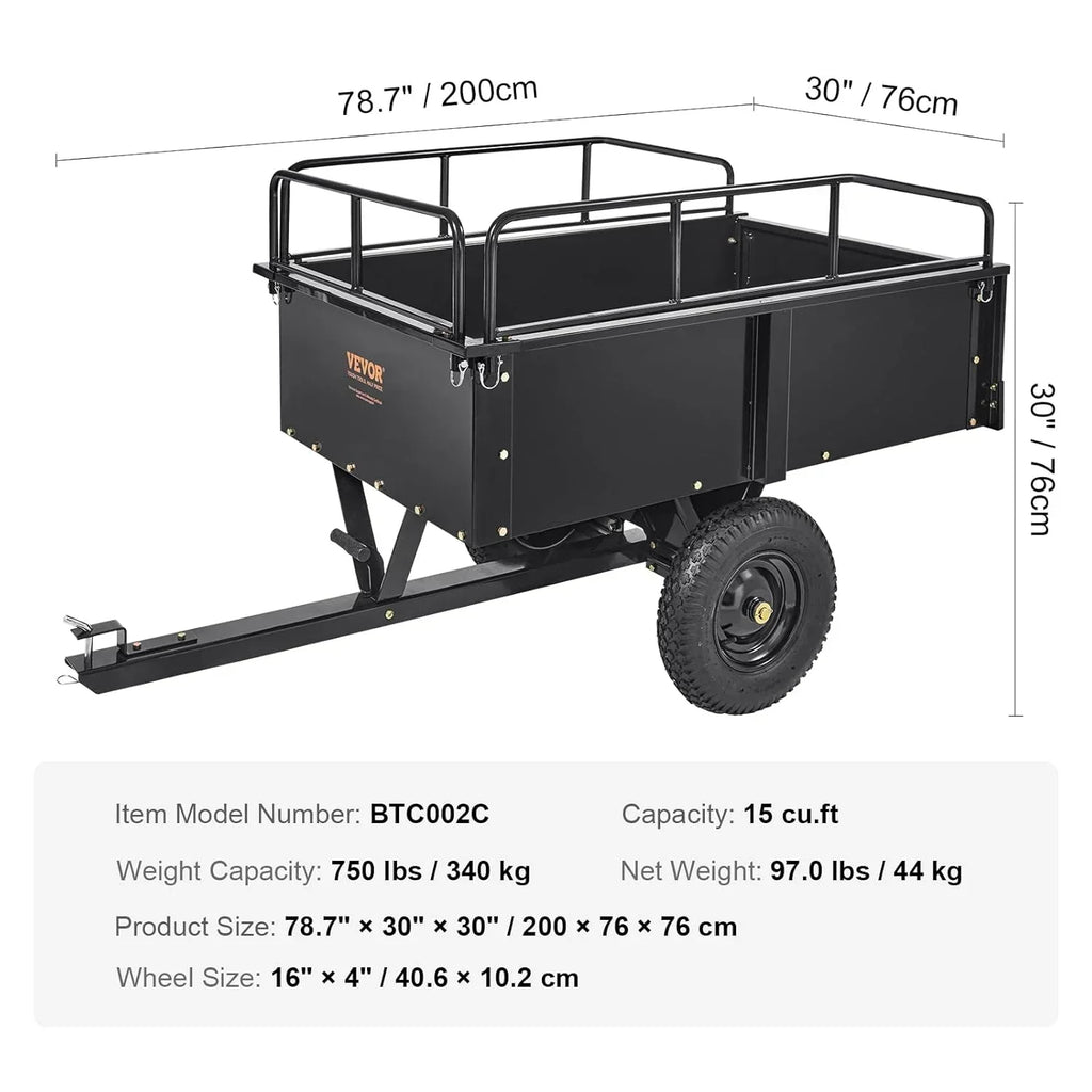 Przyczepa wywrotka VEVOR, ładowność 340 kg, wytrzymała przyczepa ogrodowa ze zdejmowanymi burtami, pojemność 0,4 m³, wózek transportowy do traktora, kosiarki, quada, 200x66x76cm