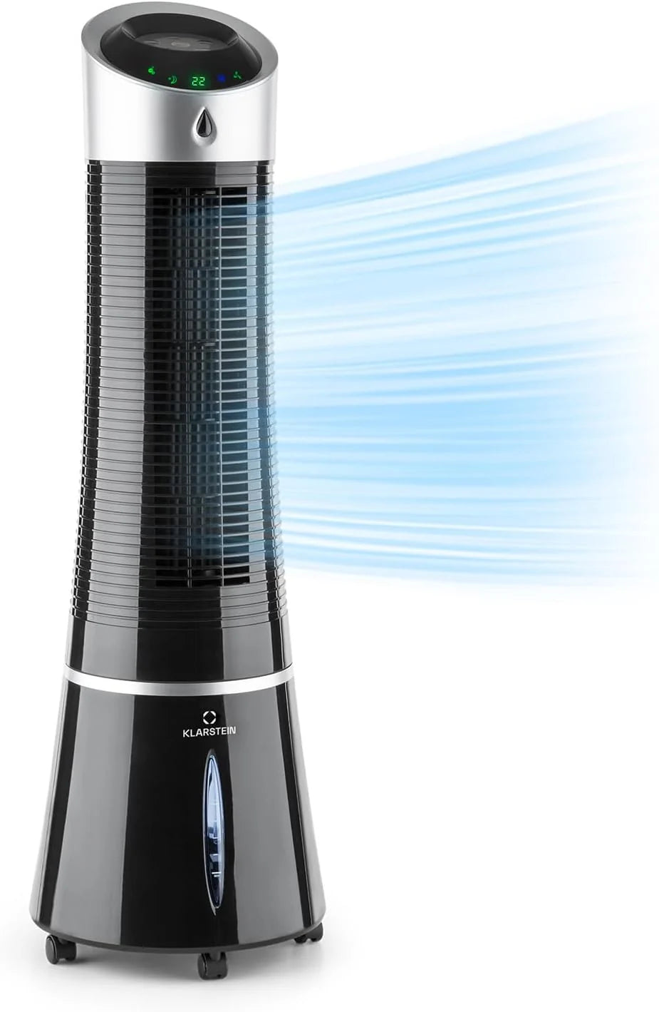Klarstein Skyscraper Ice Smart Klimator Ewaporacyjny – 4 w 1: Wentylator, Chłodnica, Oczyszczacz i Nawilżacz Powietrza, 210 m³/h, Sterowanie Aplikacją i Alexa, Zbiornik 6L, Oscylacja, Jonizator, Czarny