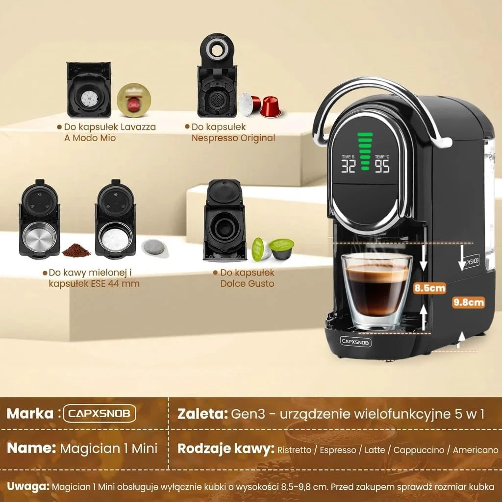 Magician1 Mini ekspres do kawy na wiele kapsułek 5 w 1, do Nespresso, Dolce Gusto, Lavazza A Modo Mio, saszetek ESE 44 mm i kawy mielonej, włoska pompa 20 barów, 1450W, wyświetlacz LED, do domu i biura