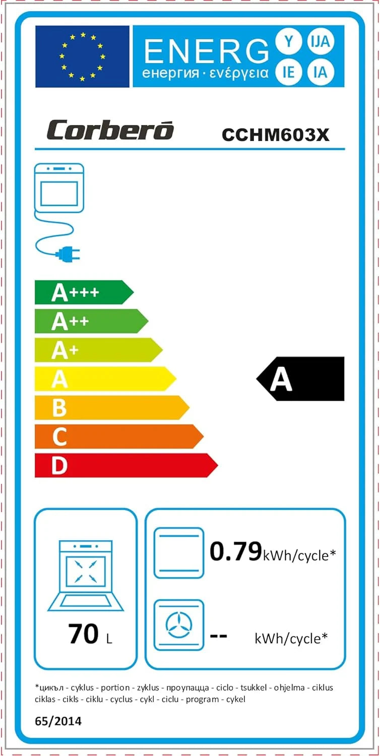 Corberó — Piekarnik konwekcyjny 70L | CCHM603X | 60x60x58 cm | Konwencjonalny z 4 Programami | Oświetlenie wewnętrzne | Czyszczenie hydrolityczne | Drzwi z podwójnego szkła | 2100W | Czarny profil ze stali nierdzewnej