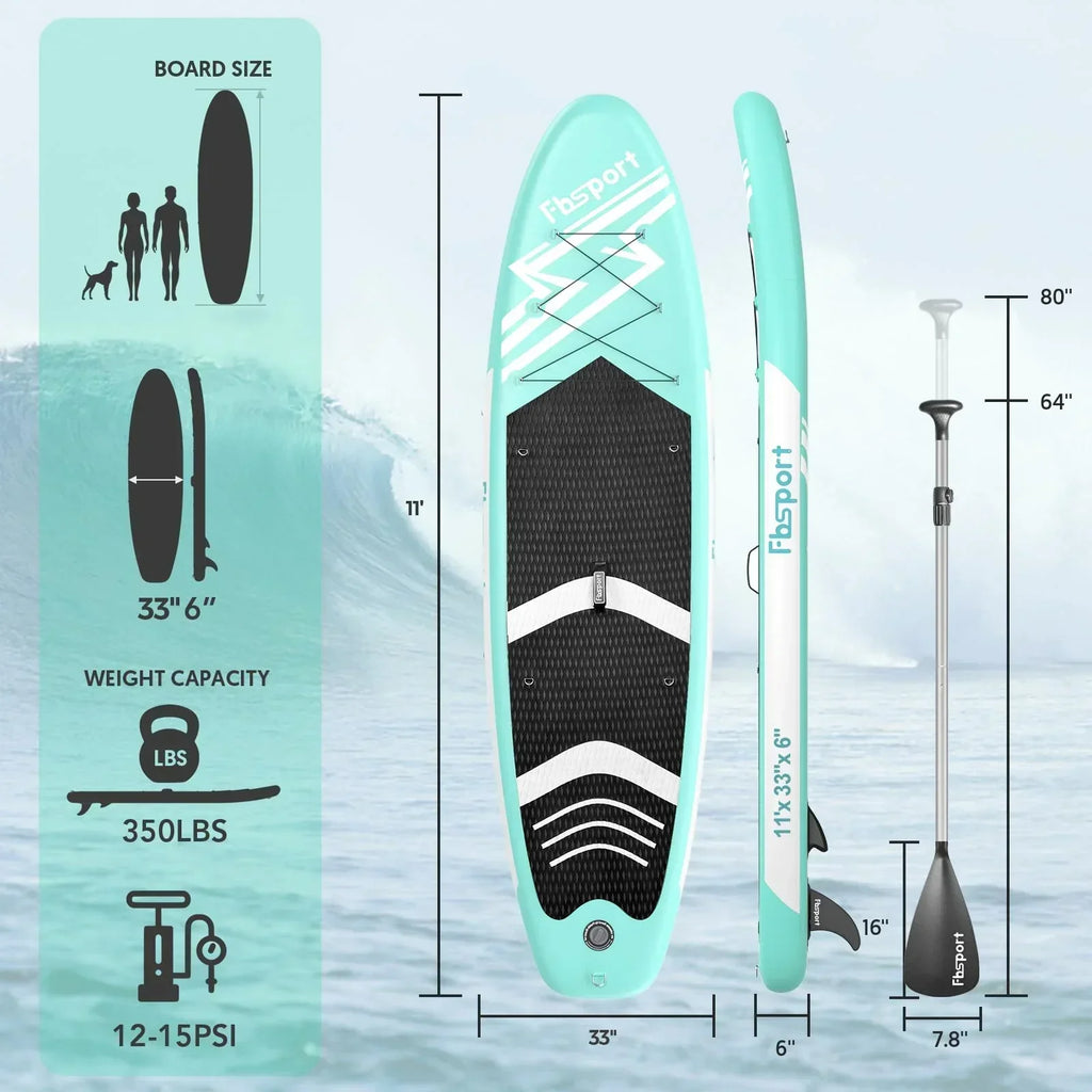 2026 FBSPORT Nadmuchiwana deska SUP, grubość 15 cm, kompletny zestaw z regulowanym aluminiowym wiosłem i pompką (zielona)