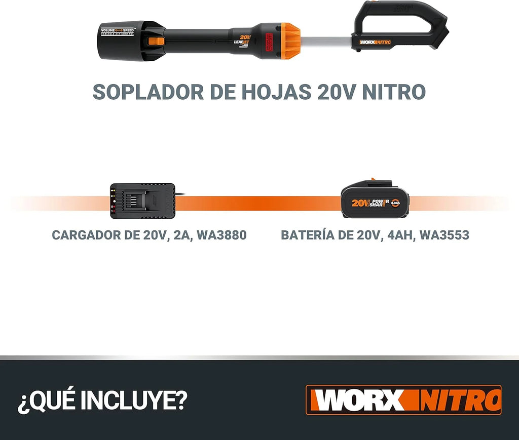 WORX WG543E Dmuchawa do Liści 20V-4Ah Nitro, superlekka 1,7 kg, Silnik bezszczotkowy, 209 km/h, turbina o dużej objętości i prędkości, do czyszczenia ogrodów, ścieżek i działek, zawiera akumulator i ładowarkę