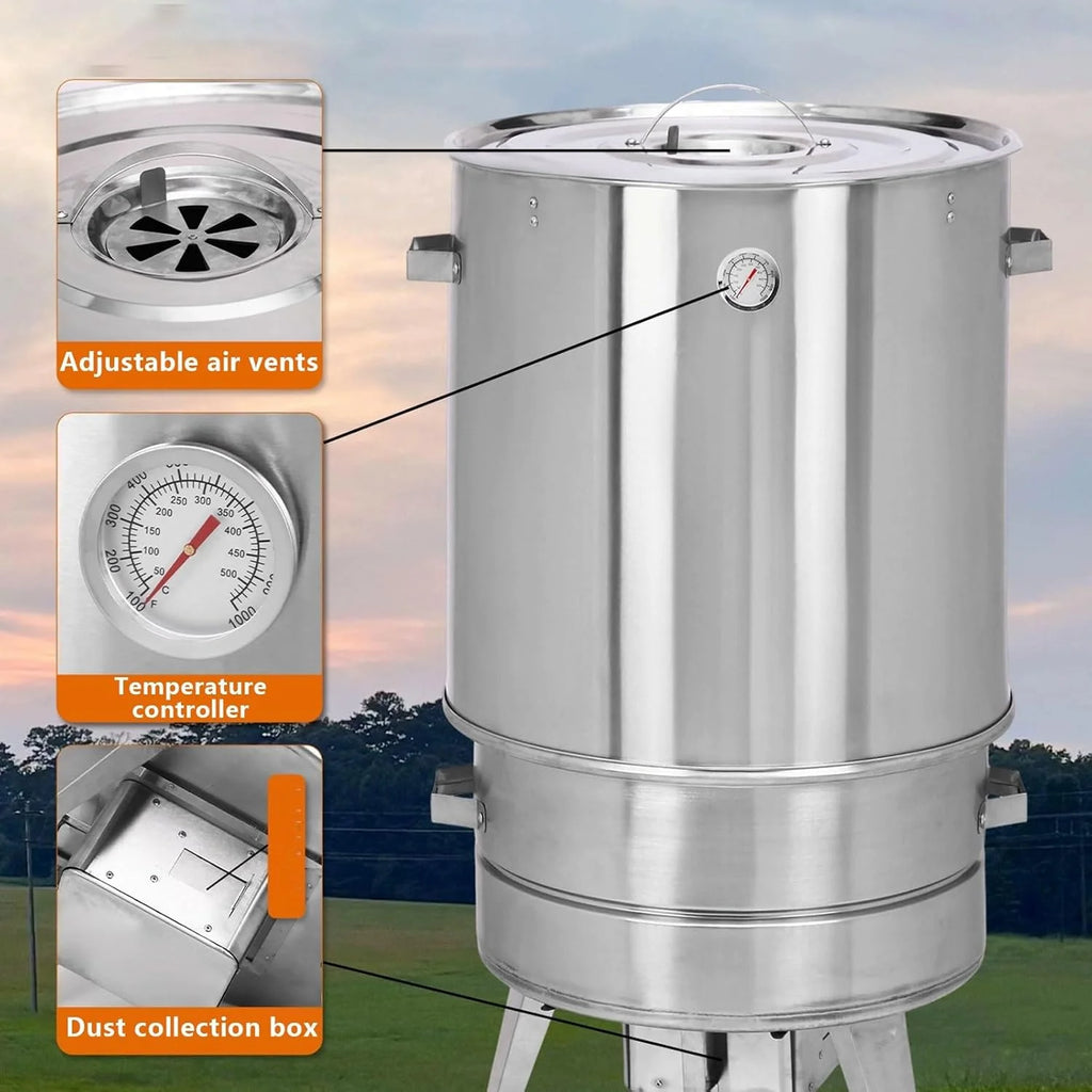 Wędzarnia beczkowa Grill do mięsa Materiał ze stali nierdzewnej Grill obrotowy 360° Z termometrem i pojemnikiem na popiół 50 cm średnicy Grill