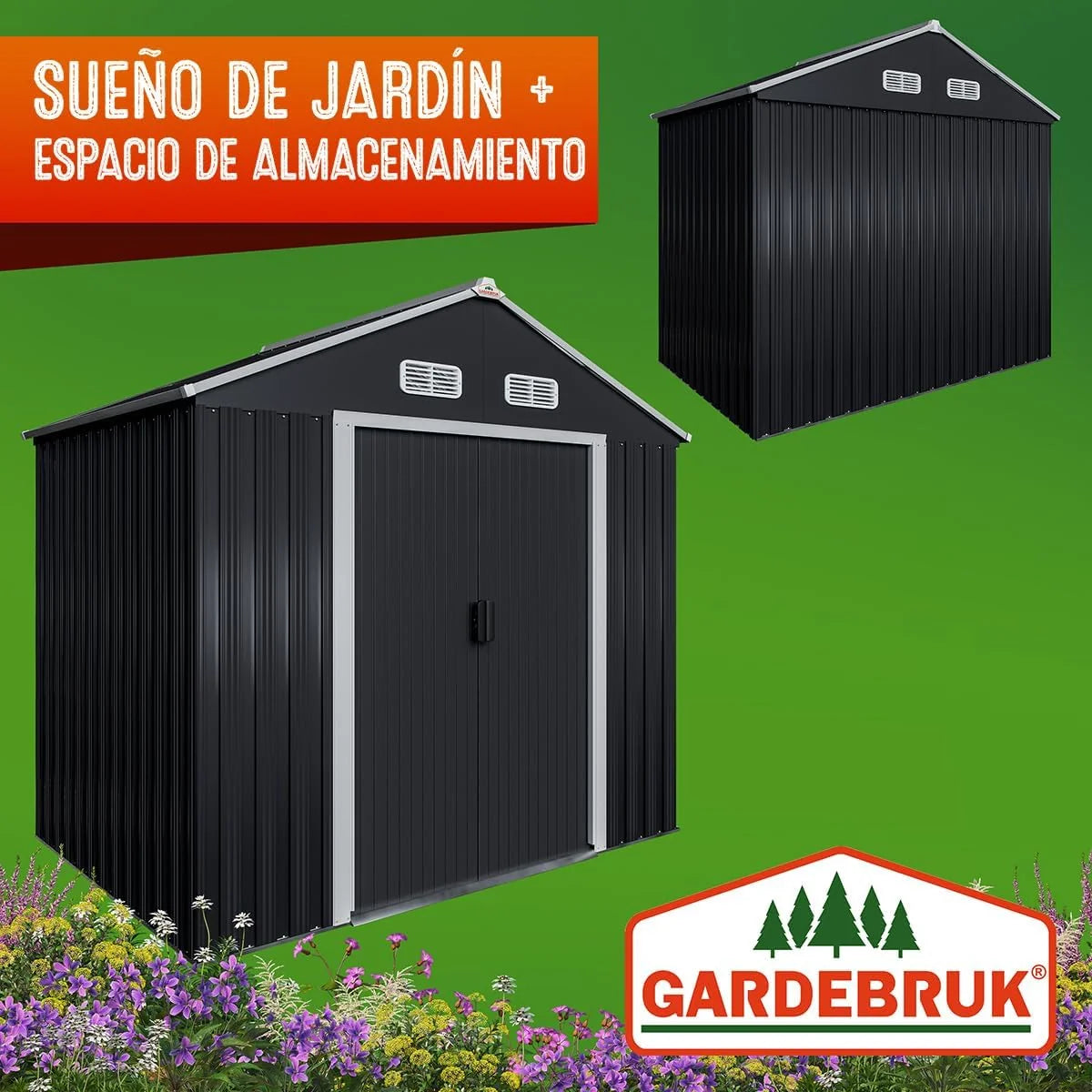 GARDEBRUK® Szopa Ogrodowa 2 m² 196x132x188cm Metalowa Szopa Zewnętrzna 4m³ z Podstawą Drzwi Przesuwne Antracyt